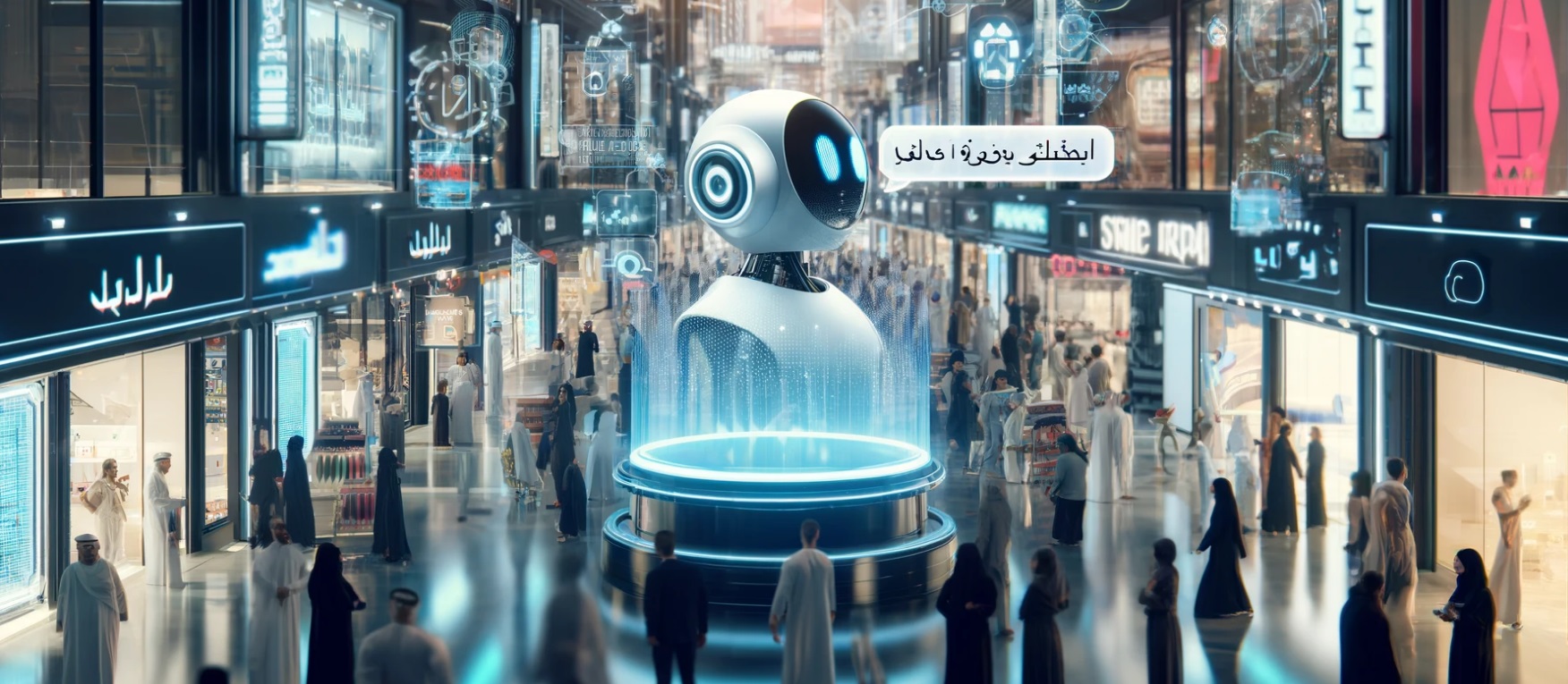 AI chatbot interaction in a Dubai business setting, demonstrating a chatbot assisting a customer.
